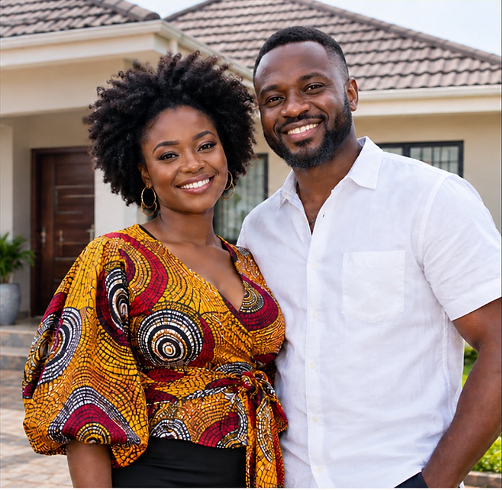 A smiling couple standing in front of their newly built home